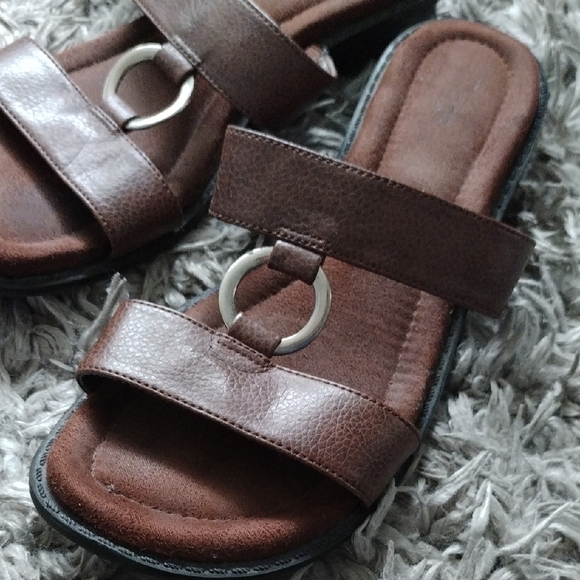 Brown Faux Leather Slide Sandals - Picture 2 of 10